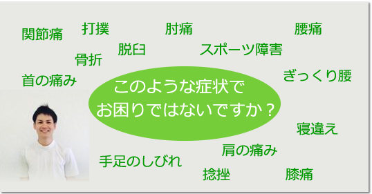 肩こり、ぎっくり腰、骨折、打撲、脱臼、スポーツ障害、捻挫、寝違え、関節痛、首の痛み、症状